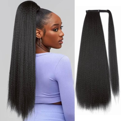 WIGER Kinky Straight Ponytail Extension 30 inch Long Yaki Straight Ponytail Extension Natural Black Hairpiece for Women Wrap Around Ponytail for Black Women