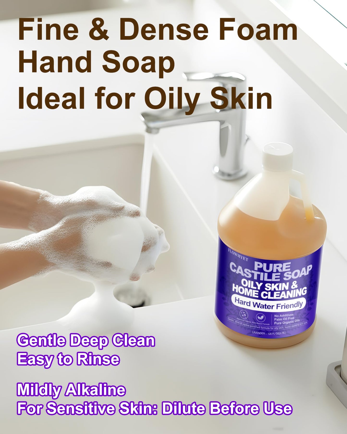 FLOWHYET Organic Castile Soap, Liquid Hand Soap Refill, Natural For Hand, Body Wash, Face, Laundry, Dishes, Home Cleaning - Lavender 32 Fl Oz