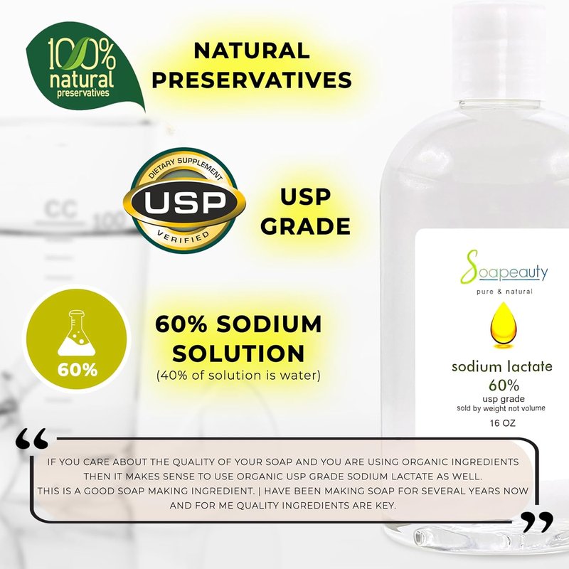 Sodium Lactate for Soap Making - 60% USP Pure Natural Preservative | 32 oz - Enhances Moisture & Cure Time