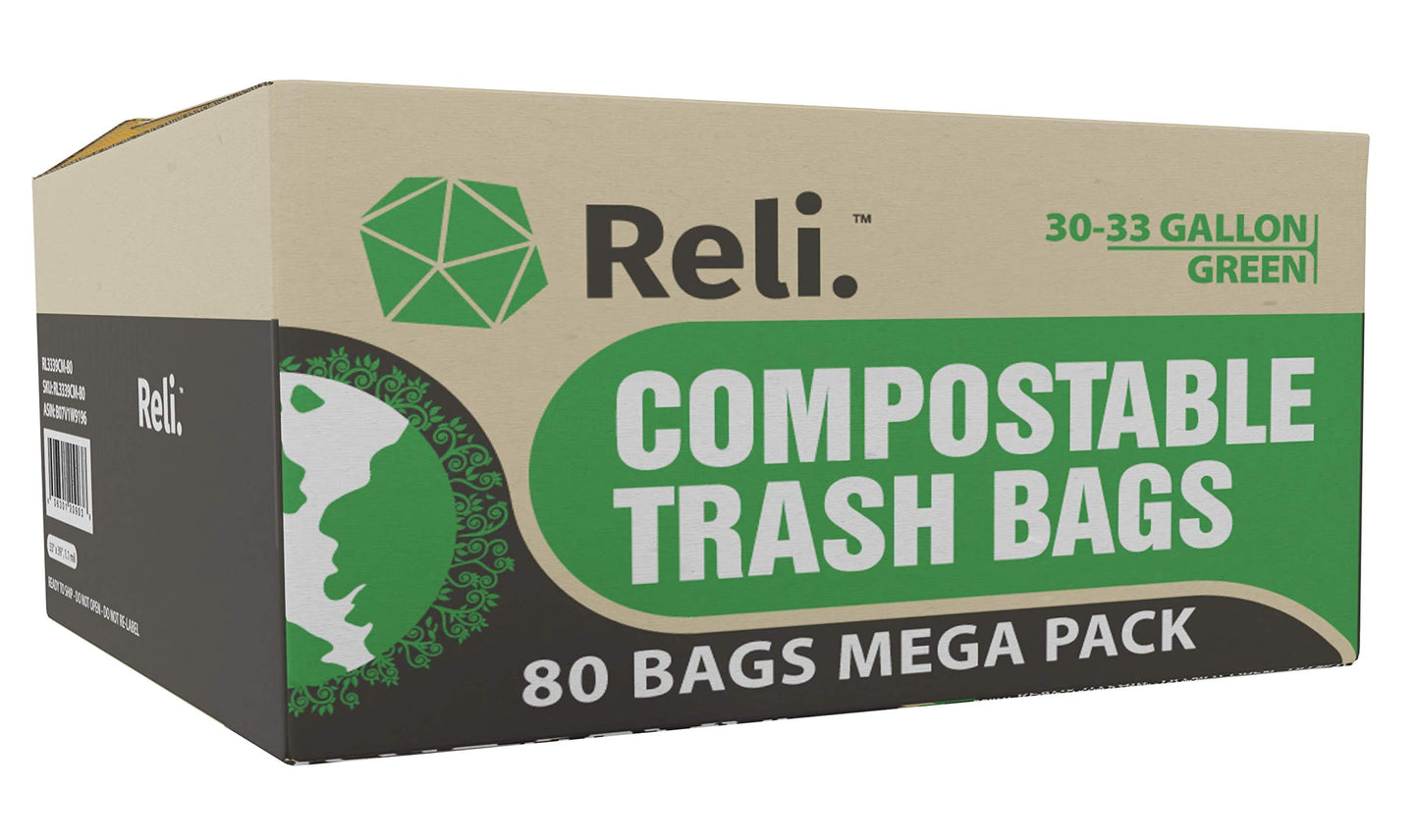 Reli. Compostable 33 Gallon Trash Bags | 80 Count Bulk | ASTM D6400 | Green | Eco-Friendly | For Compost