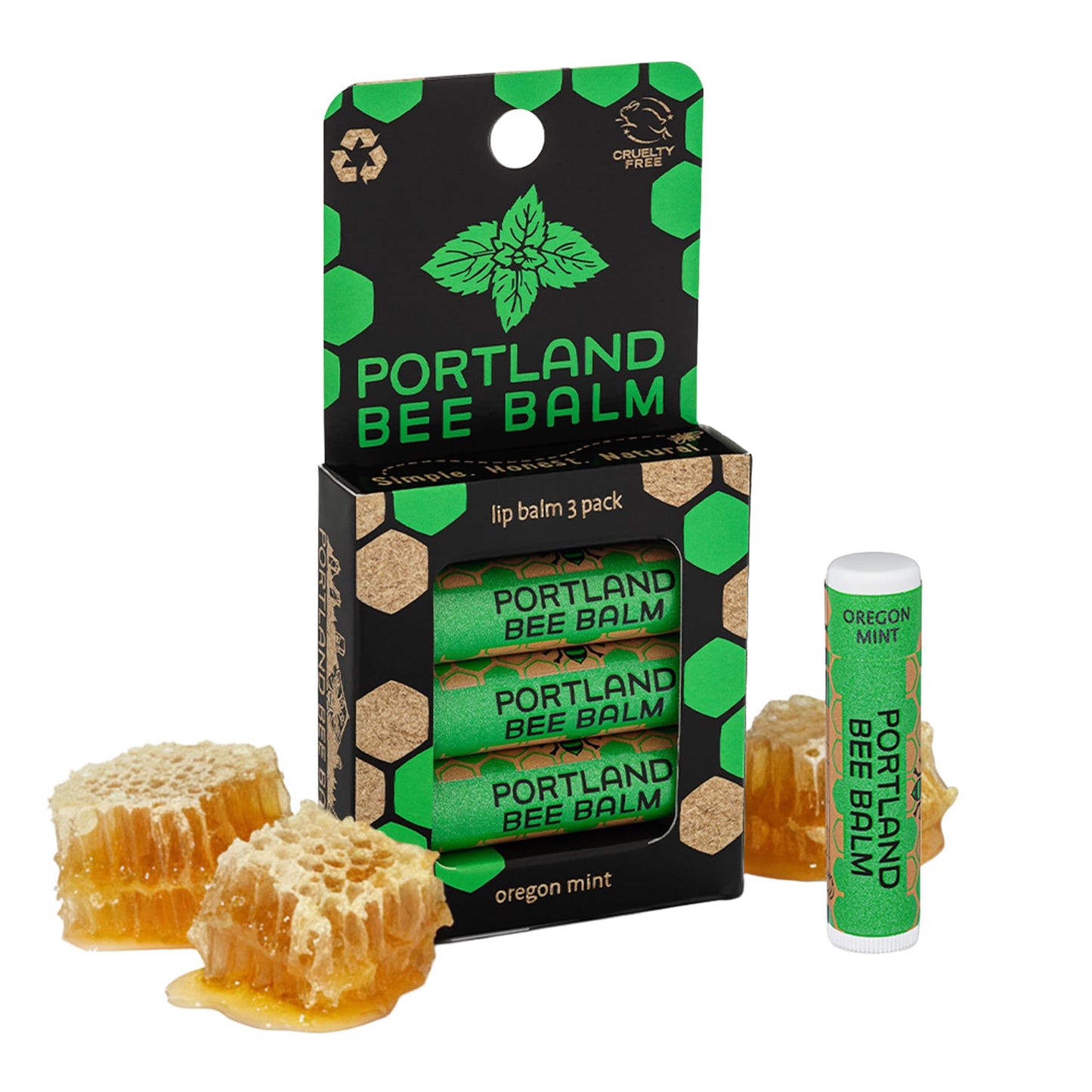 Portland Bee Balm All Natural Handmade Beeswax Lip Balm with Organic Coconut and Olive Oil (Oregon Mint) - 3 Count | Natural Lip Balm, Cruelty Free, Plastic Neutral, | Organic Lip Balm