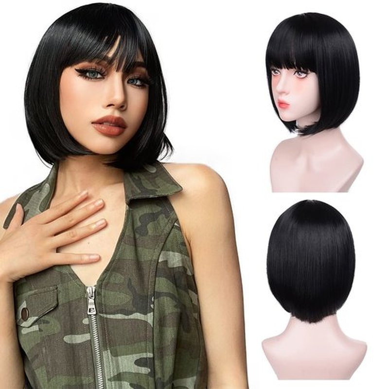Aida ble Black Bob Wigs With Bangs - 12'' Short Black Bob Wigs for Women Super Soft and Easy to Wear Straight Bob Wig, Colorful Synthetic Wig for Daily, Cosplay, Halloween…