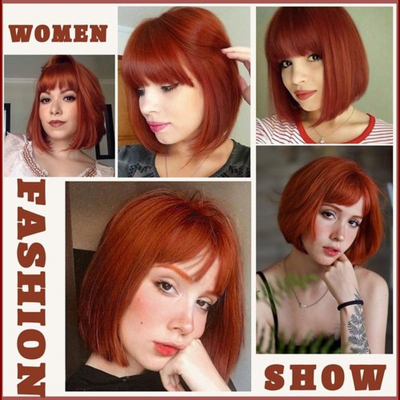 WERD Auburn Red Wig Bangs, Short Red Bob Wig for Women, Auburn Wig Bob with Bangs for Daily Party Cosplay