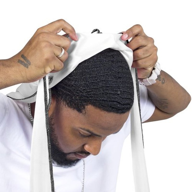 ForceWave Silky Durag for Men Wave Cap Satin Dorag for Men Women 360 Wave (White with Black Seam)