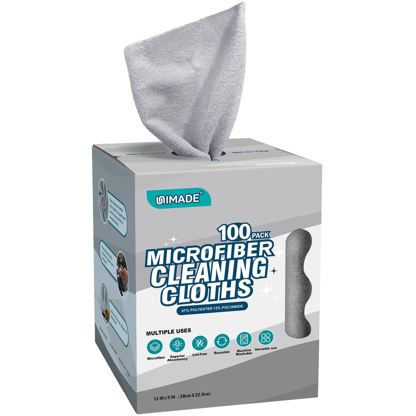 UNIMADE Microfiber Cleaning Cloth, 100 Sheets Microfiber Towels for Cars Commercial Grade Washcloths Lint-Free Bulk Shop Towel Cleaning Rags for Household Restaurant Garage Housekeeping, 11"x 9", Grey