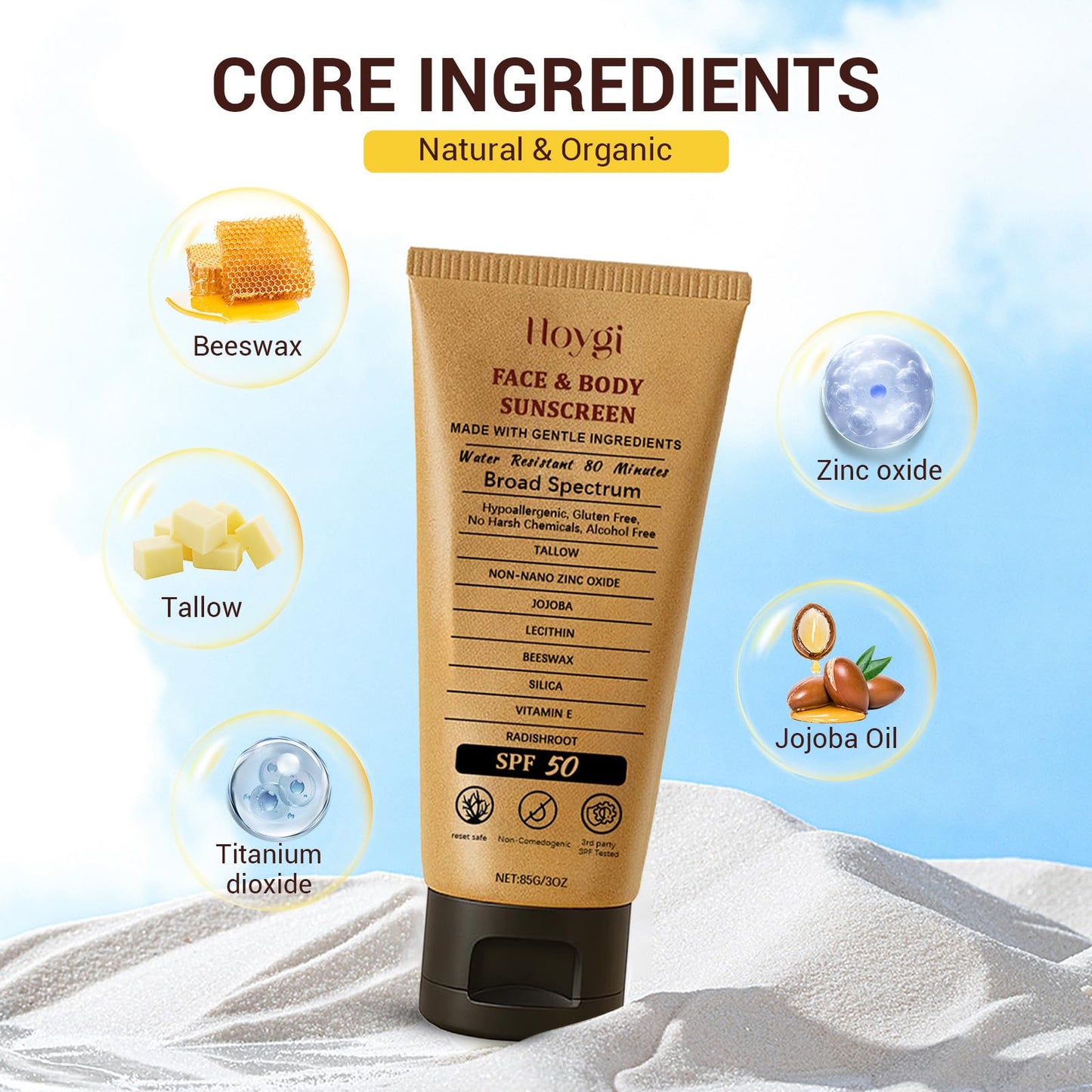 Beef Tallow Sunscreen, Natural Mineral Beef Tallow & Zinc Oxide Sunscreen SPF 50, Refreshing and Non-greasy Safest Formula, Water-Resistant Moisturizing for Women Men 3 oz (85 g)