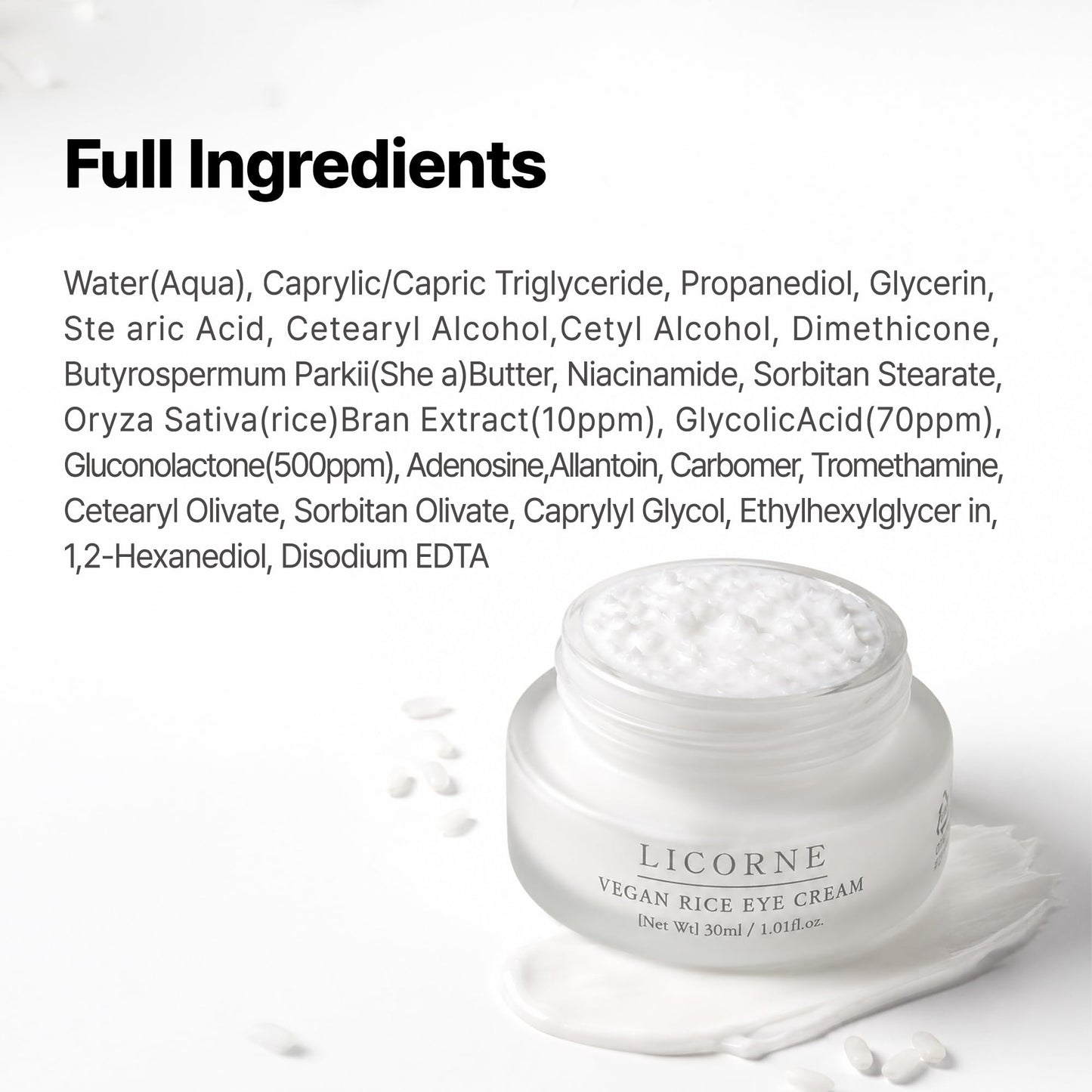 LICORNE Vegan Rice Eye Cream for Dark Circles and Puffiness - Thick Butter Texture Under Eye Care with AHA & PHA, Fragrance Free Hydration for Sensitive Skin, Large 1.01 Fl Oz (30ml)