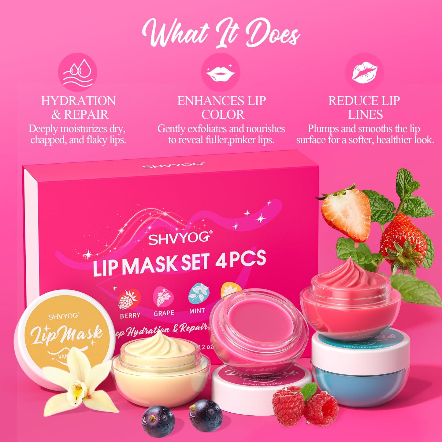 4 Pack Lip Mask Set, Hydrating Lip Mask Overnight - Berry, Grape, Mint, Vanilla Flavors, Lip Sleeping Mask Nourish Lip Balm with Vitamin C & Shea Butter | Dry Lips Care Gift