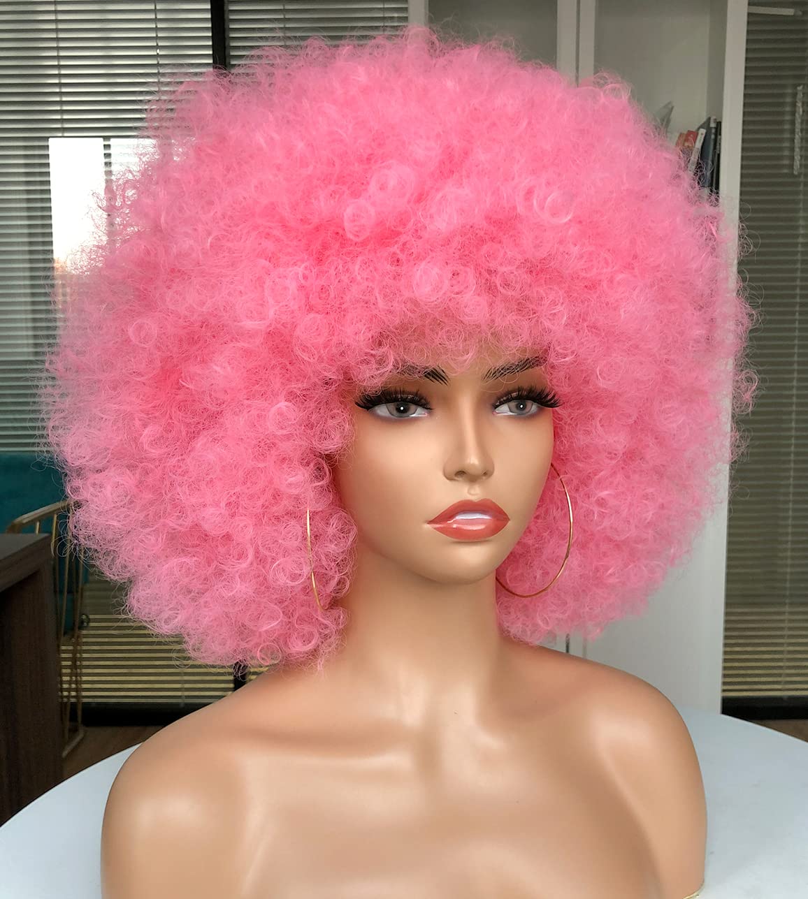 CURLCRAZY 70s Afro Wig with Bangs Short Afro Kinky Curly Wig for Black Women Large Bouncy and Soft Natural Looking Halloween Party Christmas Cosplay Wigs (Pink)