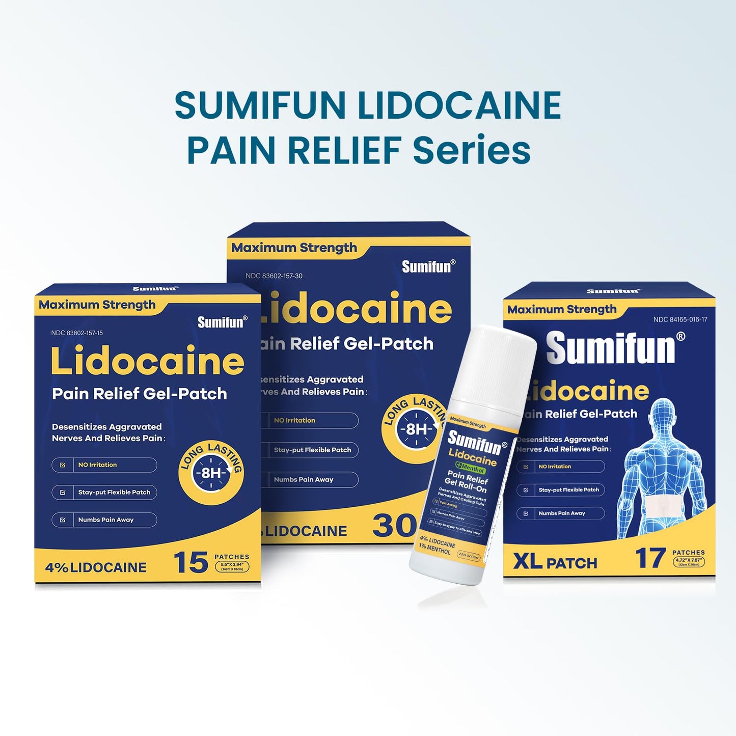 Sumifun Extra Large Lidocaine Patches - 4.72"x7.87" | 4% Lidocaine Maximum Strength for Lower Back & Sciatica | 8-Hour Long Lasting Relief (Extra Large, Count, 17)
