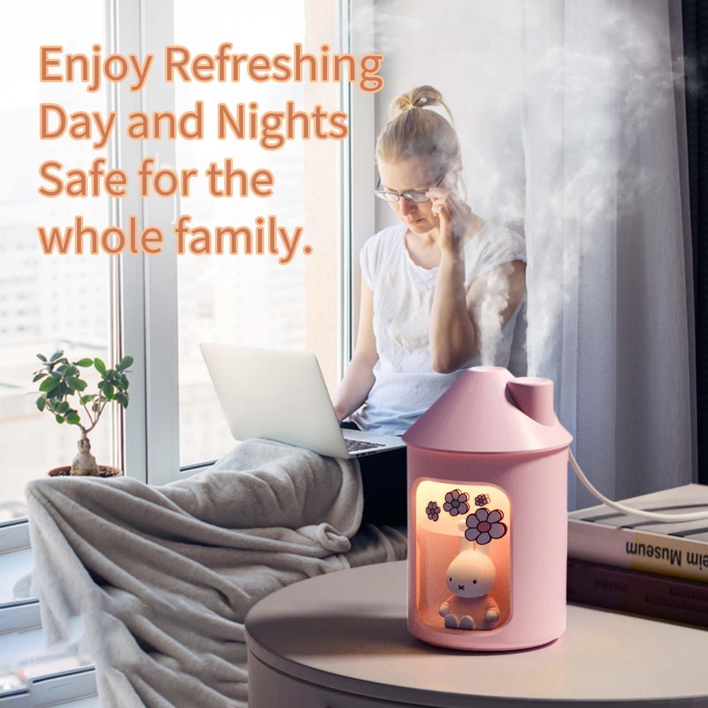 Mipow x miffy BTA700M Cool Mist Humidifier for Bedroom,Ultrasonic Quiet Humidifier with Night Light,450 ML Double Spray Humidifiers for Nursery,Office Indoor Plants (Pink), Gift for Father's Day