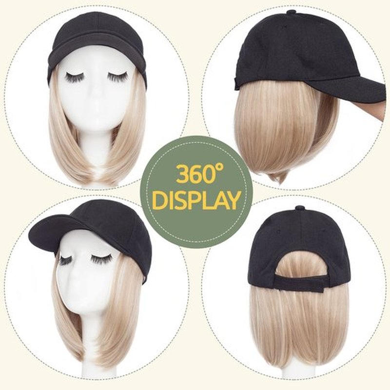 S-noilite 6" Baseball Hats with Hair Attached Short Bob Hairstyle Baseball Cap Wig with Hair Extensions Adjustable Straight Baseball Hat Bob Hair Wig for Women(6in, 16P613#)