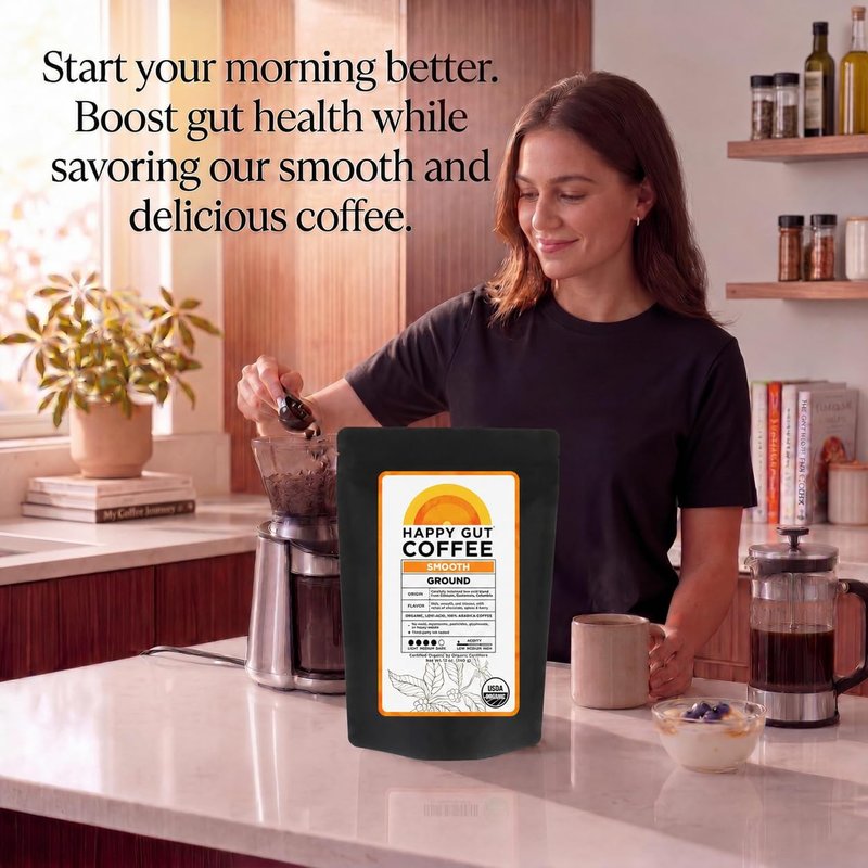 Happy Gut Coffee - Organic Medium-Dark Roast Coffee for Gut Health - 12oz Ground | Smooth Flavor, Gluten-Free