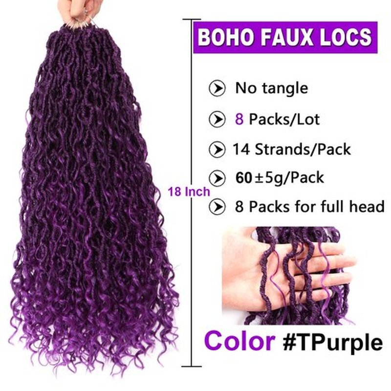 8 Packs Goddess Locs Crochet Hair 18 Inch Faux Locs Crochet Hair for Black Women Pre Looped Soft Locs with Curly Ends (18 Inch (Pack of 8), #1B/Purple)