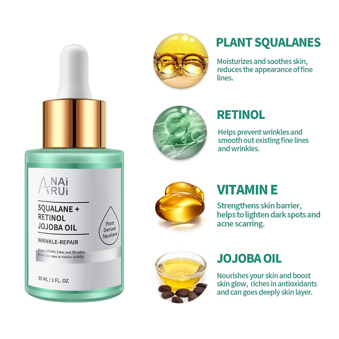 ANAI RUI Squalane Oil Set-Vitamin E Rosehip Oil +Vitamin C Turmeric Oil +Retinol Jojoba Oil for face,Moisturize Fine Lines &Wrinkle,Softer Skin