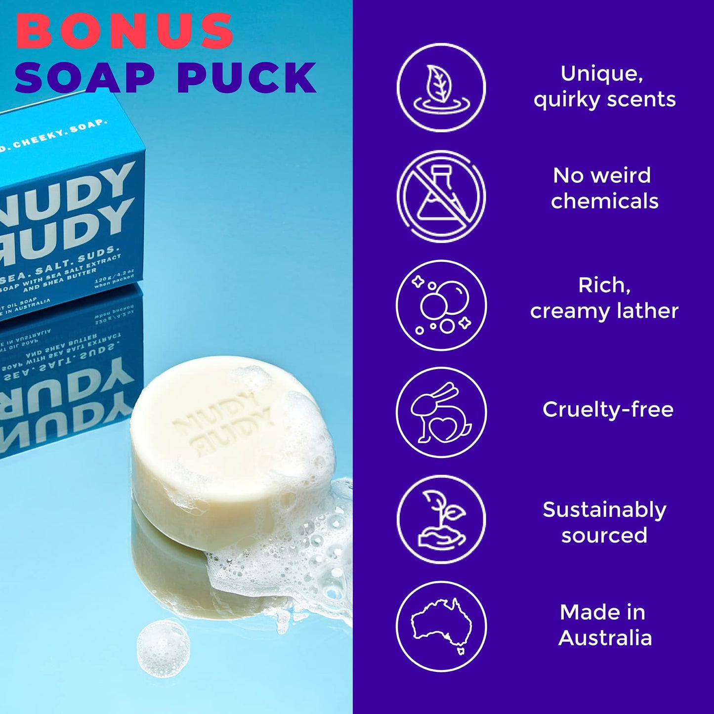 Nudy Rudy Sea Salt Suds 2 Pack, Liquid Body Wash Bundle with Bonus Soap Bar, Aloe Vera and Vitamin E, Moisturizing Shower Gel and Hand Soap for Men and Women 16.9 fl oz and 4.2 oz