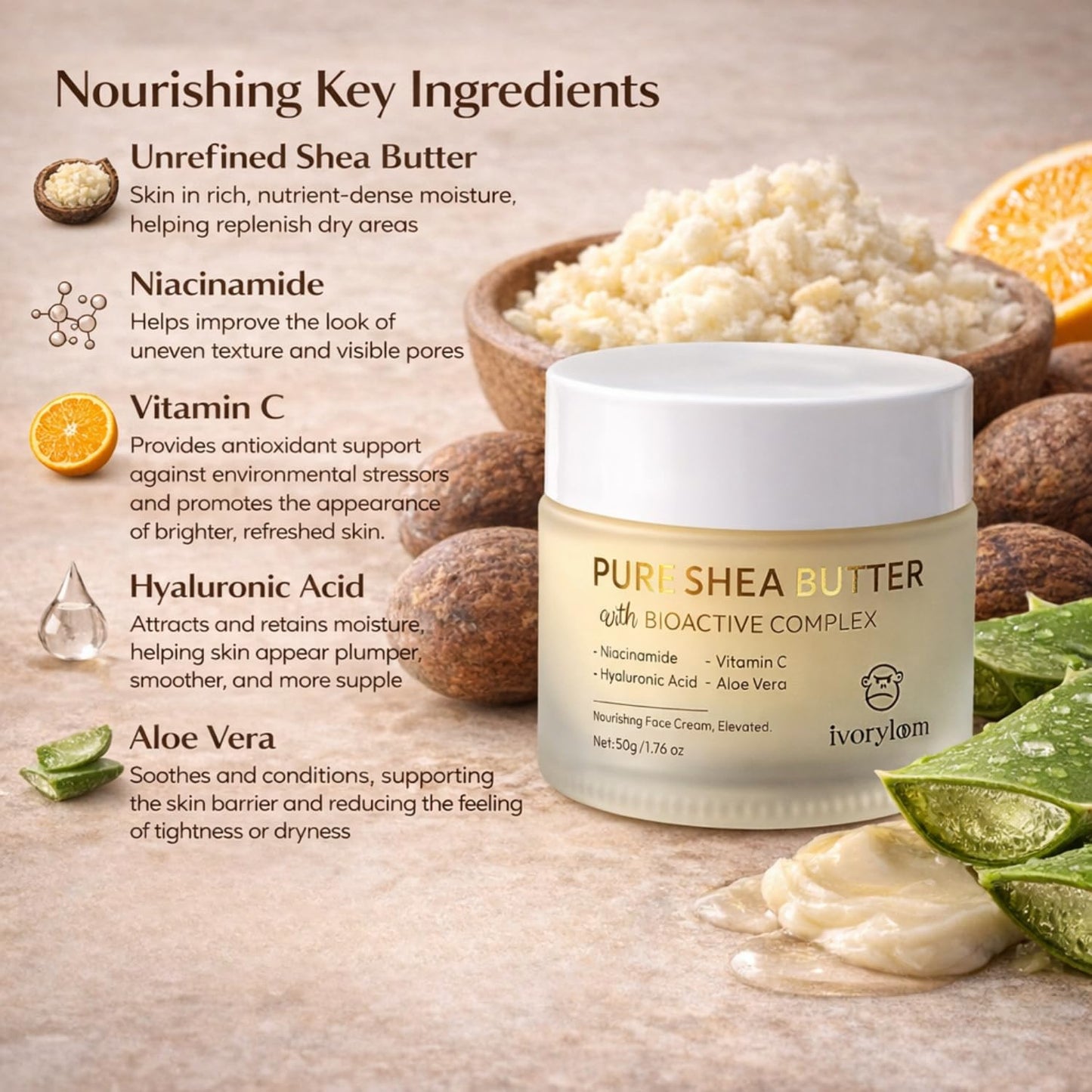 ivory loom Nourishing Face Cream, Elevated | Unrefined Shea Butter + Bioactive Complex | Niacinamide, Vitamin C, Hyaluronic Acid & Aloe Vera | Plant-Based Daily Moisturizer | 1.76 oz