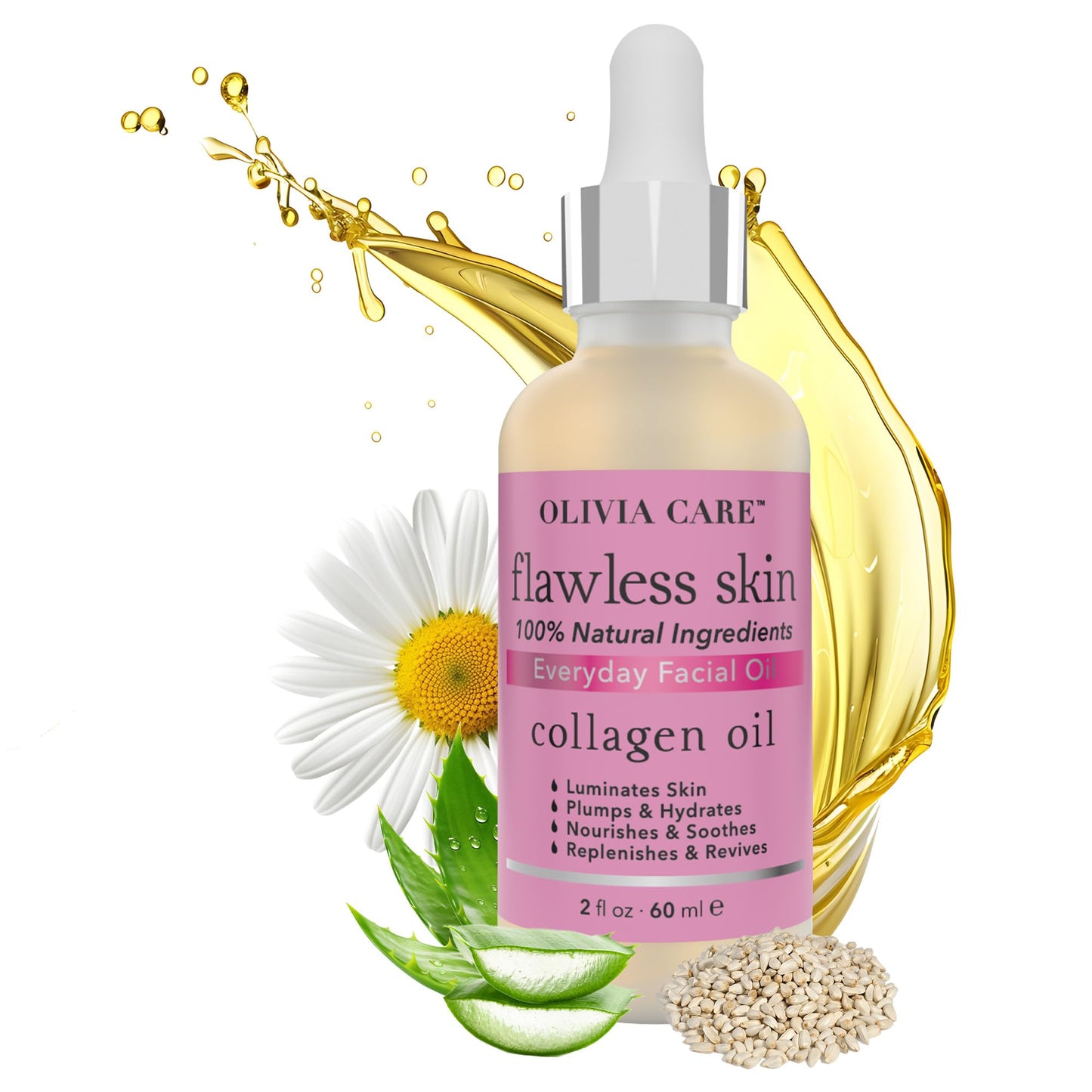 Olivia Care Flawless Essential Facial Oil 100% Natural. Nourishing, Plump, Reviving, Hydrating, Calming & Soothing. Stabilize & Retain Moisture