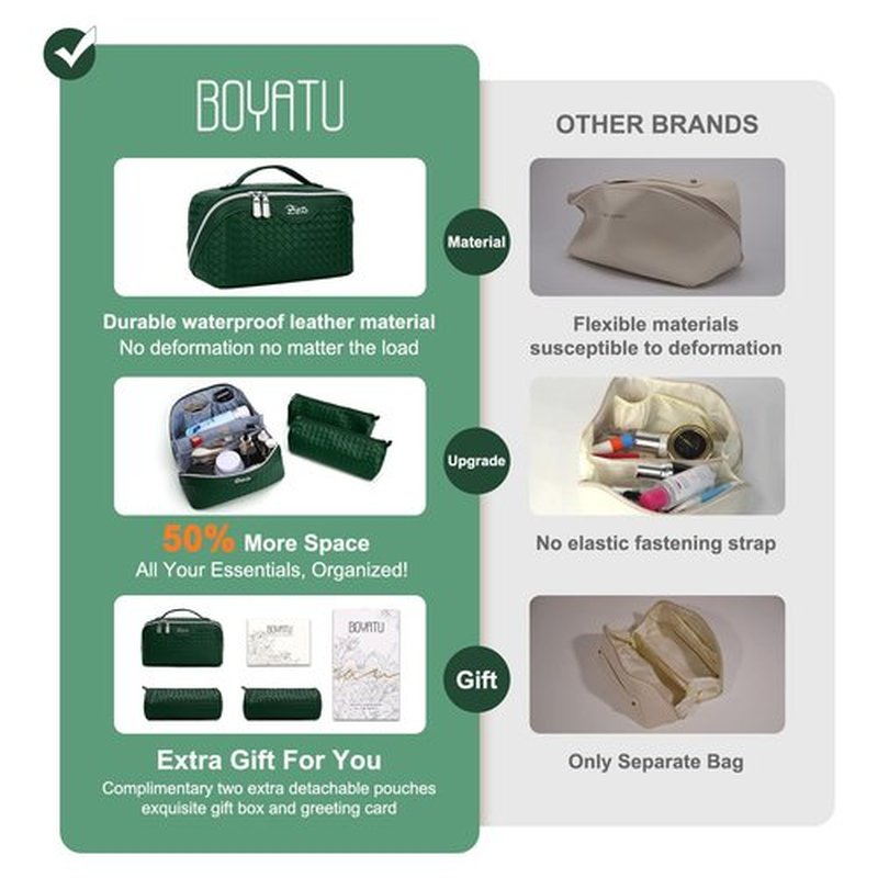 BOYATU Makeup Bag Travel Cosmetic Case: Large Capacity Woven Cosmetic Bag Organizer - Portable Toiletry Bags with Handle for Women 1-Z-Olive