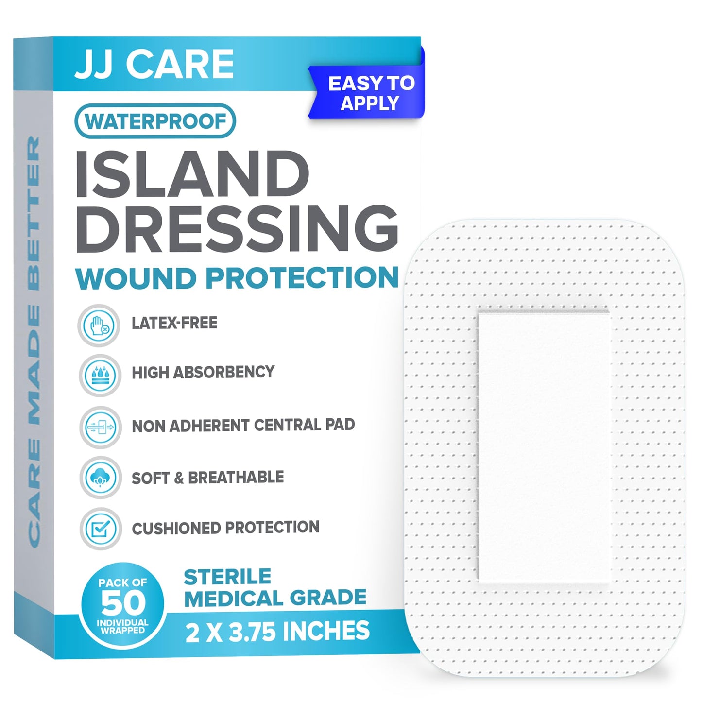 JJ CARE Waterproof Adhesive Island Dressing [Pack of 50], 2" x 3.75" Sterile Bordered Gauze, Breathable Island Wound Dressing, Individually Wrapped Adhesive Gauze Bandages with Non-Stick Central Pad