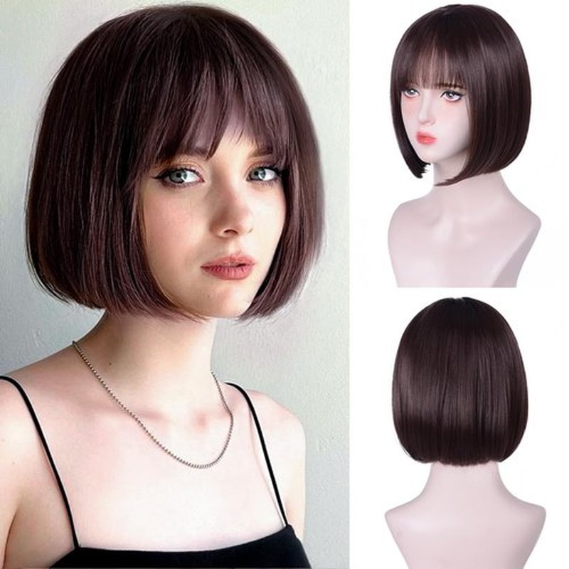 Aida ble Short Brown Bob Wig With Bangs Straight Bob Wigs for Women Brown Bob Synthetic Wig Super Soft and Easy to Wear Straight Bob Wig Colorful Synthetic Wig for Daily, Cosplay, Halloween