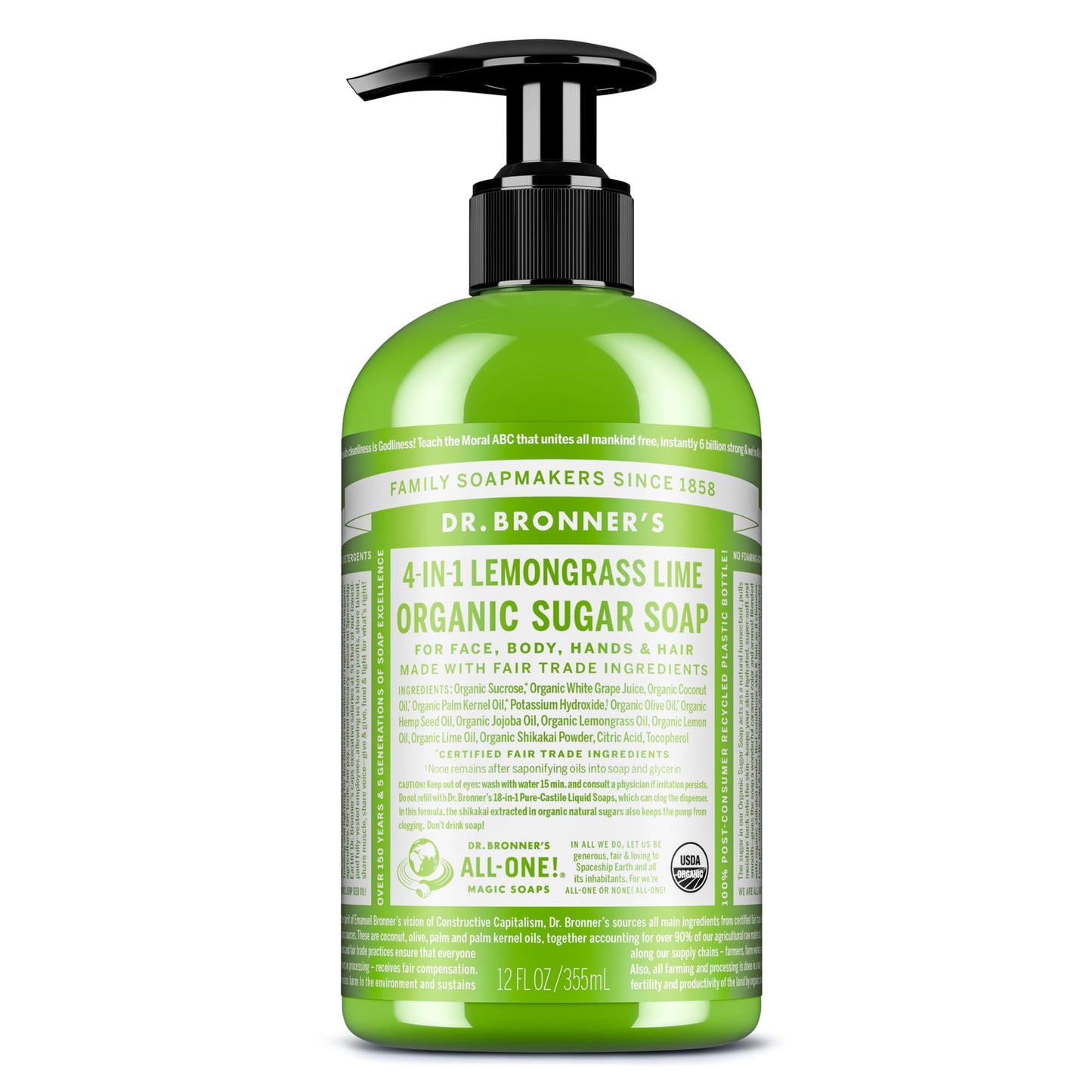 Dr. Bronner's Organic Sugar Soap (Lemongrass, 12 Ounce) - Made with Regenerative Certified Organic Oils, Sugar & Shikakai Powder, 4-in-1 Use: Hands, Body, Face and Hair- Liquid Soap, Nourishes