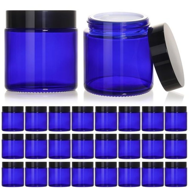 KEYWING 4oz Blue Glass Cosmetic Jars with Black Lids, 24 Pack Empty Small Glass Jars with Inner Liners for Cream, Lotion, Ointments, Powder