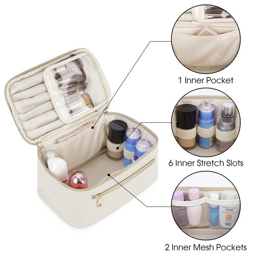 Wandering Nature Makeup Bag, Travel Make Up Organizer Cosmetic Brush Bags Case for Women in Vegan Leather, Milky White(Patent Pending)