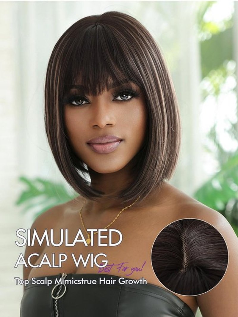 Allbell 12Inch Yaki Straight Bob Wig with Bangs Synthetic Hair Black with Blonde Highlights Bob Wig Ready to Go Short Wigs for Women