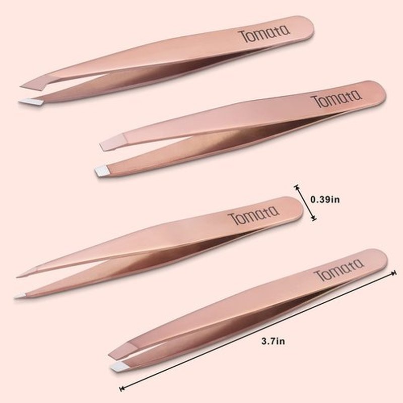 Tomata Tweezers for Eyebrows, Slant Tip and Pointed Eyebrow Tweezer Set Great Precision for Eyebrows Facial Hair, Ingrown Hair, Splinter, Blackhead and Tick Remover (4-piece) (Gold)