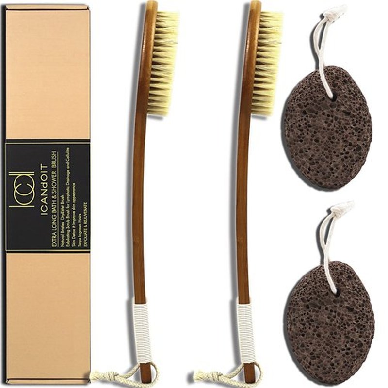 ICANdOIT-19.68Inch Natural Stiff Sisal Bristles Anti-Slip Extra Long Handle Bath Brush,Bent Handle Shower Scrubber for Exfoliating,Shower Back Brush,Exfoliation Set with Pumice Stone(2 Pack)