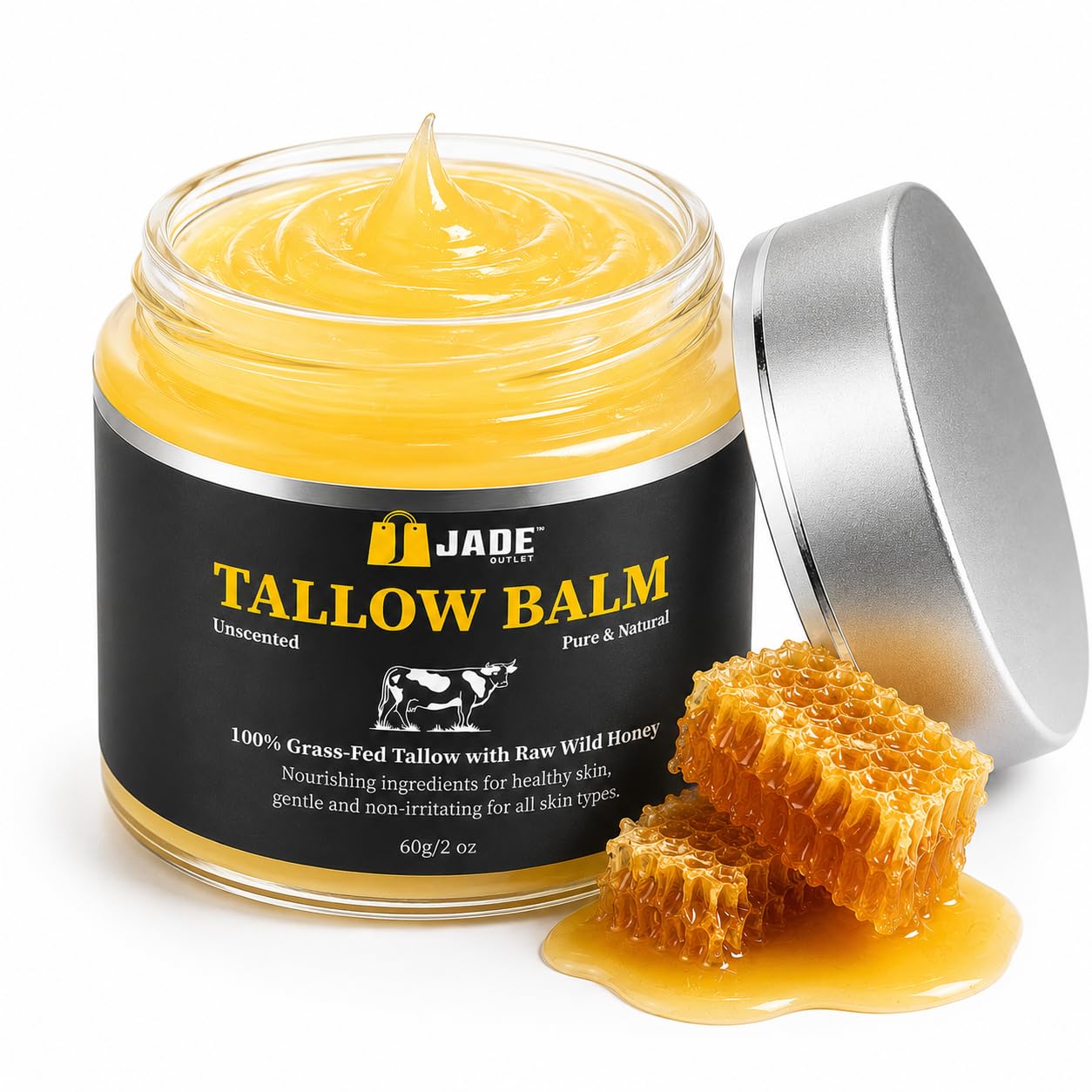 Unscented Tallow Balm for Dry & Sensitive Skin – Grass Fed Beef Tallow, Raw Wild Honey, Shea Butter & Olive Oil – Deep Moisture Face & Body Balm – Fragrance Free – Supports Skin Barrier – 2 oz