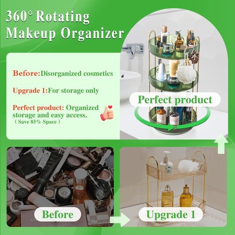 Megapuxin Makeup Organizer for Vanity,360° Rotating Lazy Susan Organizer Large Skincare Make Up Storage Cosmetic Dresser Organizer Countertop Organizer with Extra Hooks DIY Stickers for Bathroom