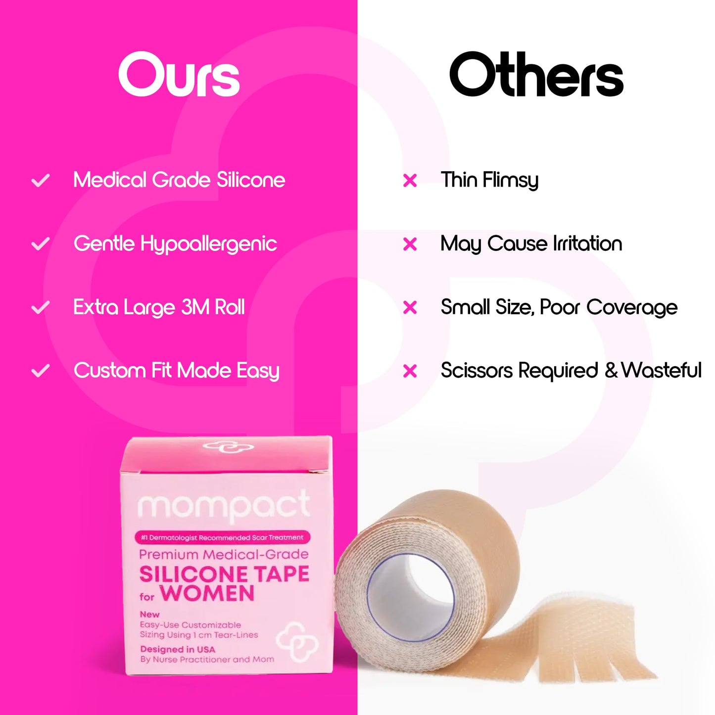 MOMPACT Silicone Scar Sheets, Medical Grade Silicone Scar Tape, Extra Long (1.6"X 120" Roll-3M) Scar Tape for Surgical Scars Removal Strips, Keloid Bump Removal for C-Section,Tummy Tuck, Wrinkles