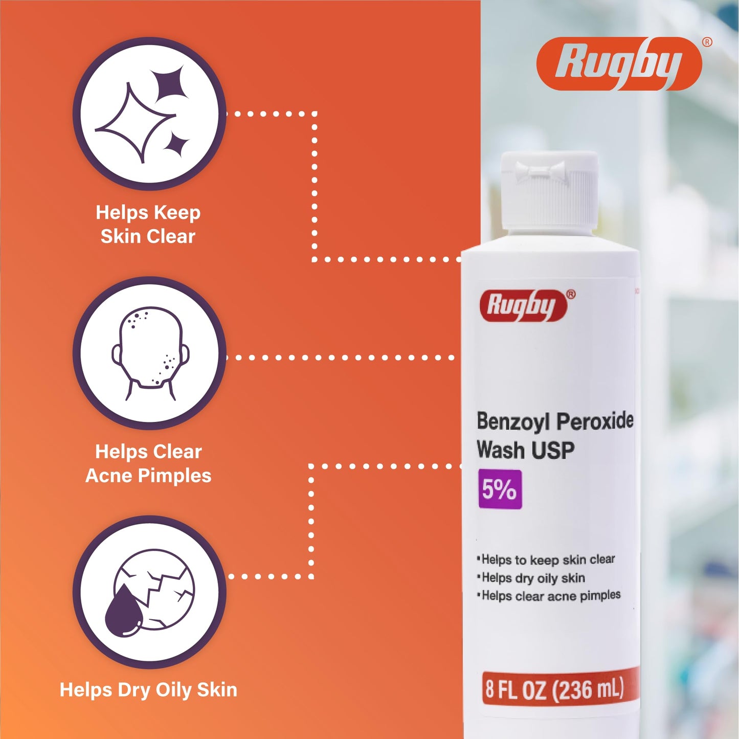 Rugby Benzoyl Peroxide Wash USP 5% - Helps to Clear Acne Pimples and Dry Oily Skin - Acne Medication - 8 Fl. Oz.