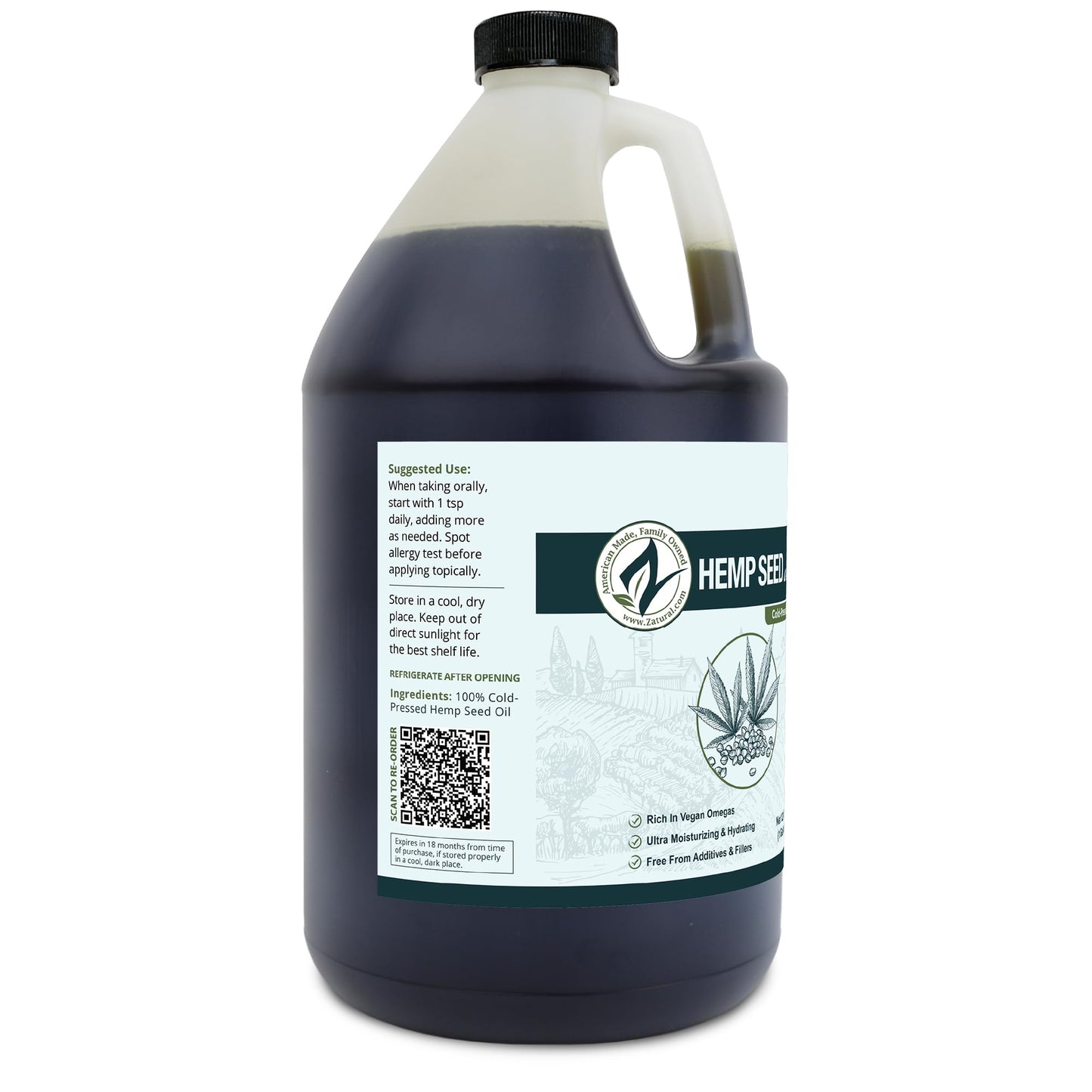 Zatural 100% Pure Hemp Seed Oil - Food Grade & Cold Pressed - Virgin Hemp Oil for Cooking, Smoothies, and Salads (1 Gallon)