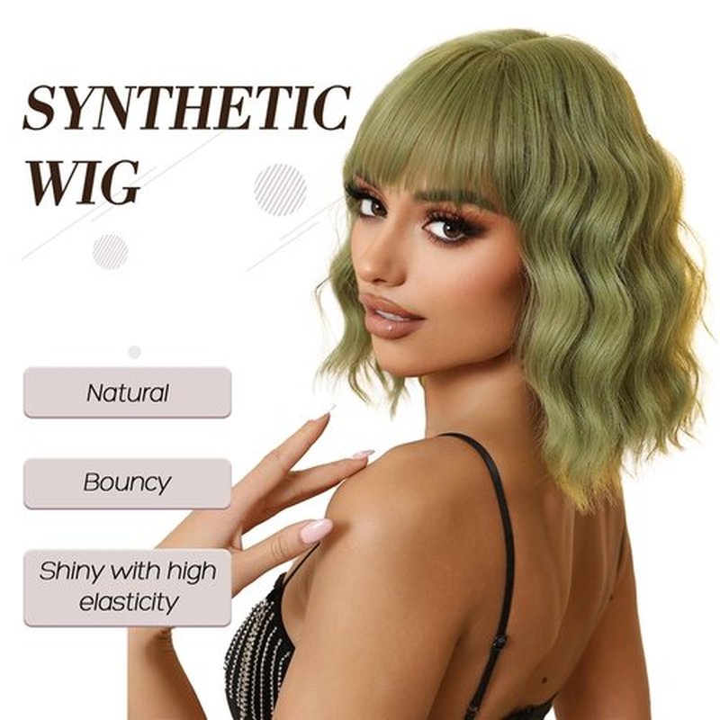 Allbell Olive Green Wigs for Women, Short Wavy Bob Wig,Bob Wig with Bangs,Synthetic Short Curly Wave Wigs, Costume Wig, Fiber Hair Wigs for Cosplay