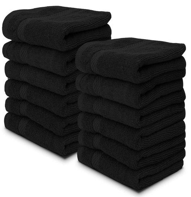 White Classic Luxury Cotton Washcloths Set 12 Pack - Hotel Quality Cleansing Face Towels Set, Black Small Bathroom Hand Towels | 12 Pack | Black