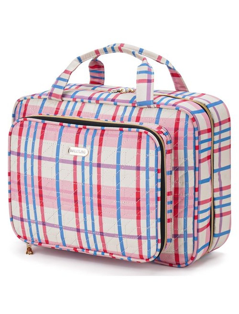 BALULHG Toiletry Bag Travel with Hanging Hook, Water-resistant Cosmetic Makeup Bag Organizer for Shampoo, Full Sized Container, Toiletries，Plaid-red-L