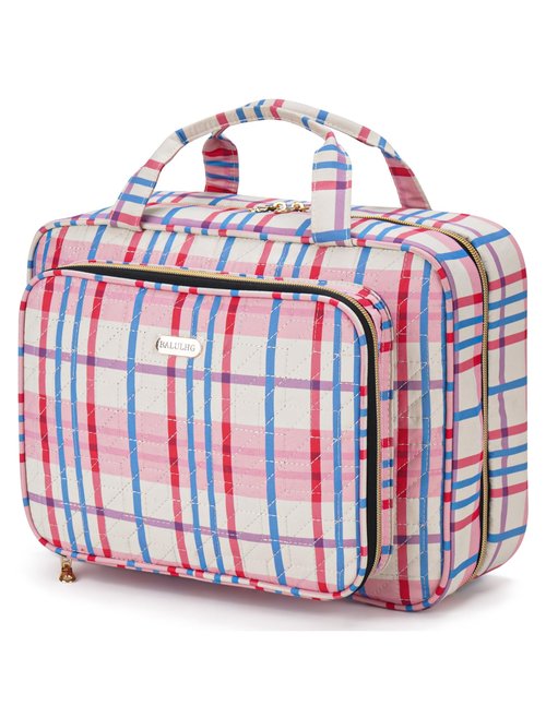 BALULHG Toiletry Bag Travel with Hanging Hook, Water-resistant Cosmetic Makeup Bag Organizer for Shampoo, Full Sized Container, Toiletries，Plaid-red-L