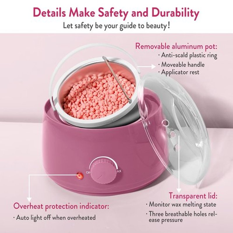 Professional Portable Wax Warmer Machine: Melts Hard Wax Beads for Body Face Hair Removal - with 14oz Wax Pot Adjustable Temperature Clear Lid (Pink)