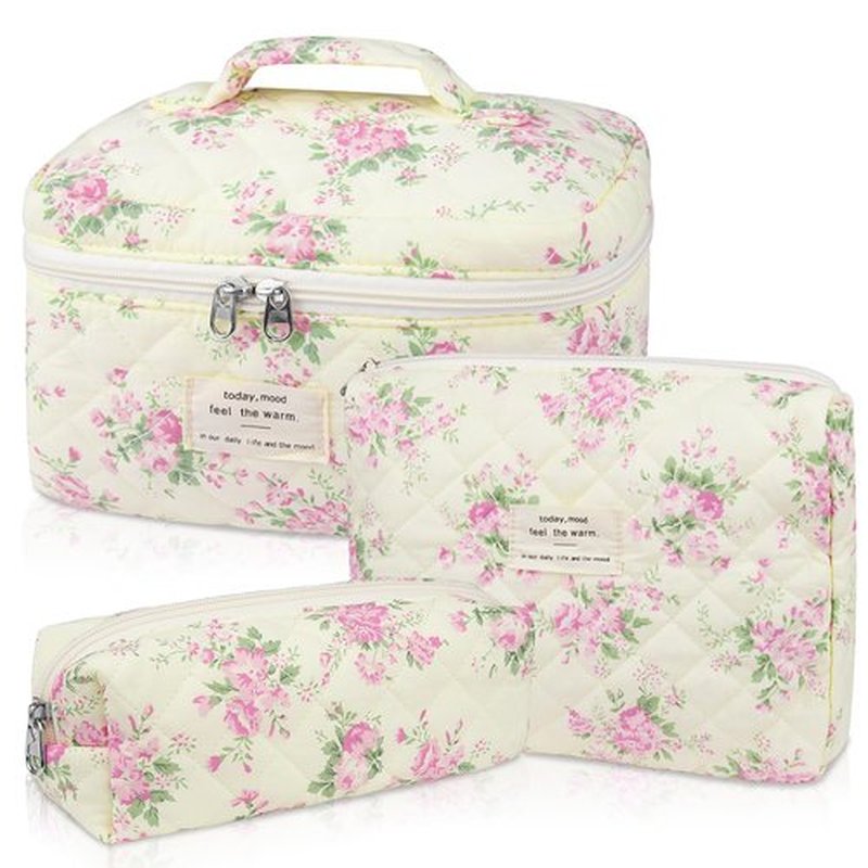 Makeup Bag Set, Quilted Makeup Bag, Large Floral Cosmetic Bag for Women, Cute Cotton Makeup Bags, Flower Travel Toiletry Organizer Bag (Pink Floer)