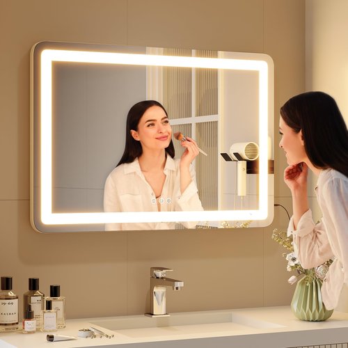 ZL ZELing Vanity Mirror with Lights 32" x 23" LED Makeup Mirror with Lights, Dimmable 3-Color Lighting and 5X Magnification Mirror, Touch Screen Control, Wall-Mountable and Tabletop Design