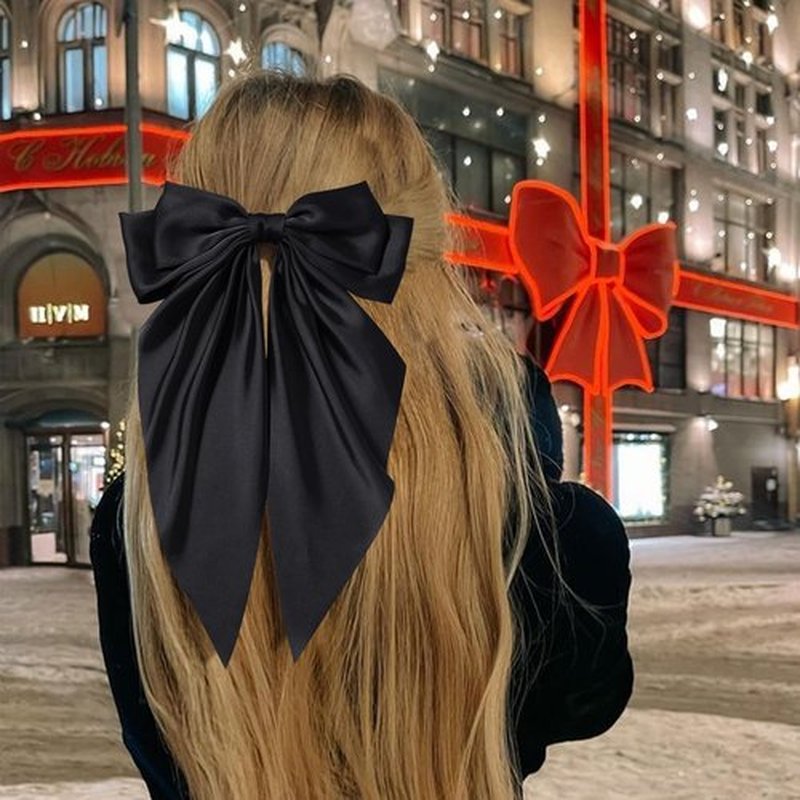 Hair Bows for Women Girls Silky Satin Big Bows Hair Barrettes Oversized Hair Accessories Long Tail Hair Ribbons -3Pcs -Black White Khaki