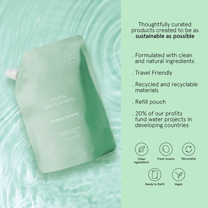HAAN Foaming Hand Soap Refill | Moisturizing Liquid Hand Soap for Dry Skin | Multi Purpose Hand Wash with Aloe Vera & Cocos Nucifera | Bathroom Soap w/Pump Dispenser | Purifying Verbena - 23.67 Fl Oz