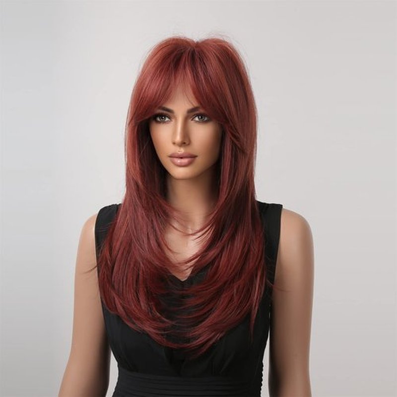 MAGQOO Dark Red Wig for Women Wine Red Layered Wig Long Burgundy Wig with Bangs Synthetic Heat Resistant with Wig Cap