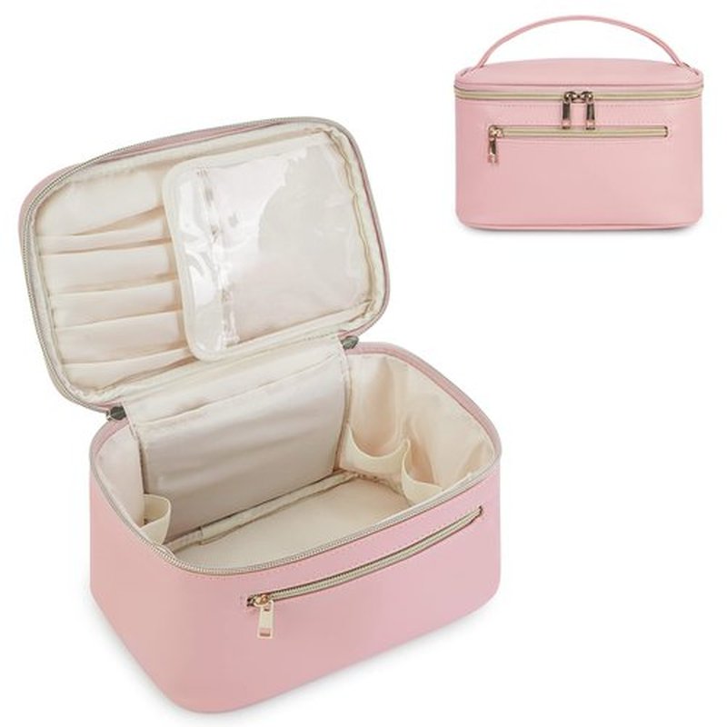 Wandering Nature Makeup Bag, Travel Make Up Organizer Cosmetic Brush Bags Case for Women in Vegan Leather, Pink(Patent Pending)