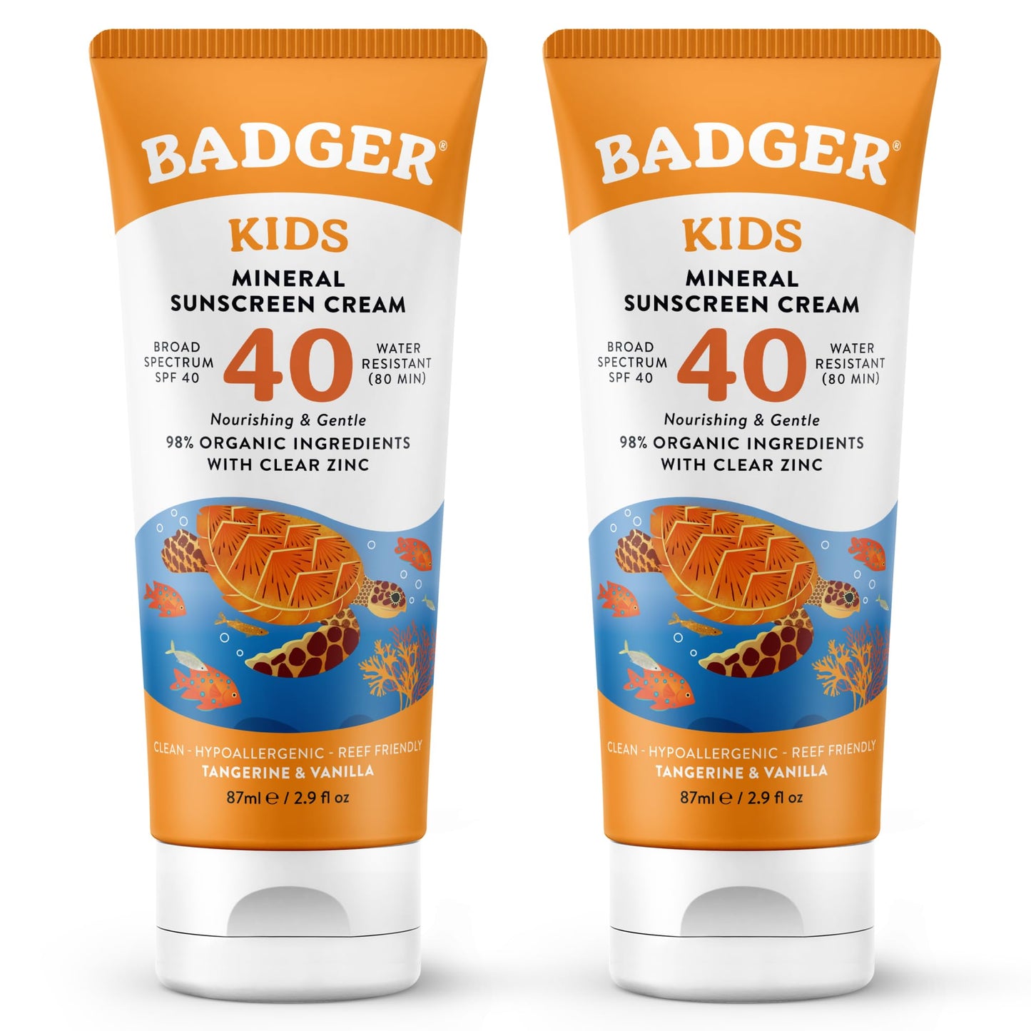 Badger Kids Mineral Sunscreen Cream SPF 40, 98% Organic Ingredients, Zinc Oxide Sunscreen for Kids Face & Body, Water Resistant, Reef Friendly, Hawaii Approved Sunblock, 2.9 fl oz, 2-Pack