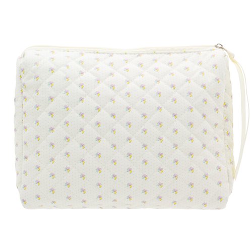 PAZIMIIK Cotton Makeup Bag for Women Large Quilted Travel Cosmetic Pouch Girls' Make Up Organizer,Little Flower White