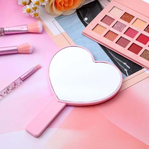Heart-Shaped Handheld Mirror with Handle, Portable Travel Makeup Hand Mirror Decorative Mini Heart Cosmetic Lash Mirror for Women Girls Valentine's Day (Pink)